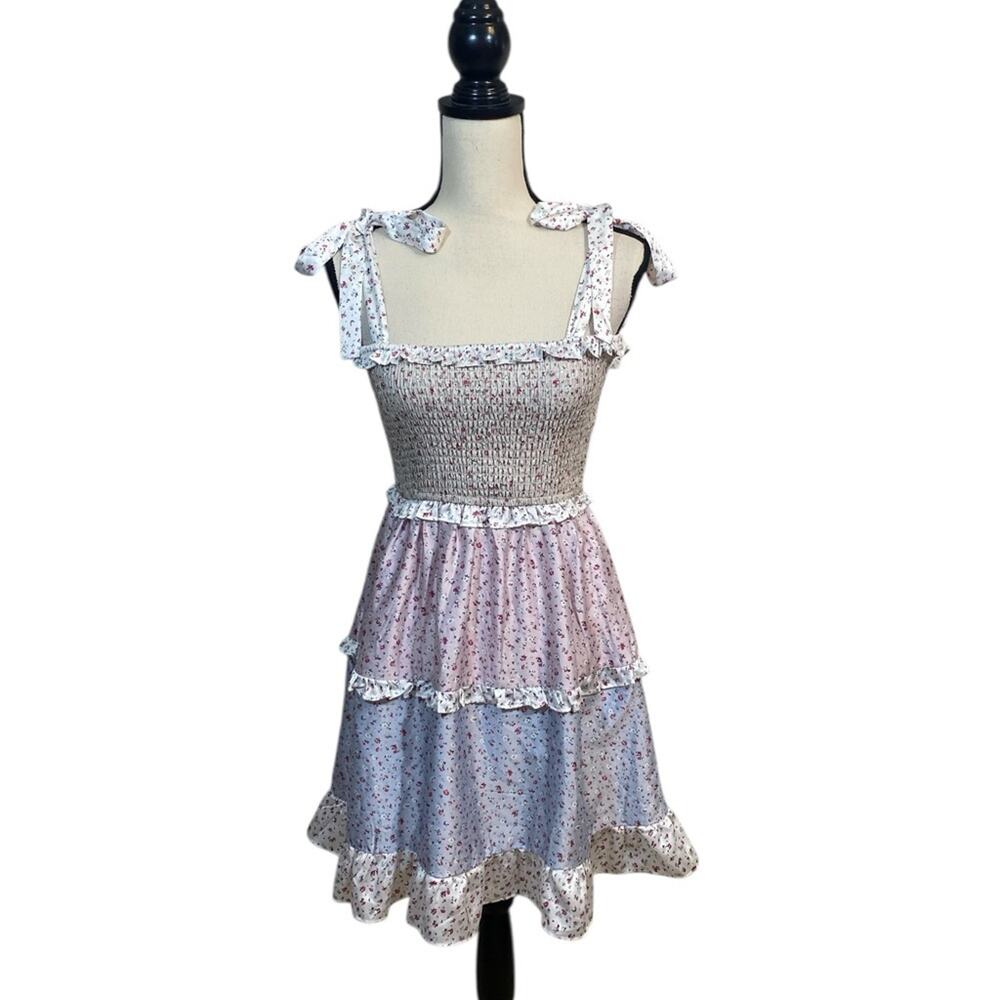 NWT Storia Tiered Mini Dress Ditsy Floral Tie Straps Cottagecore Size Medium - Picture 2 of 9